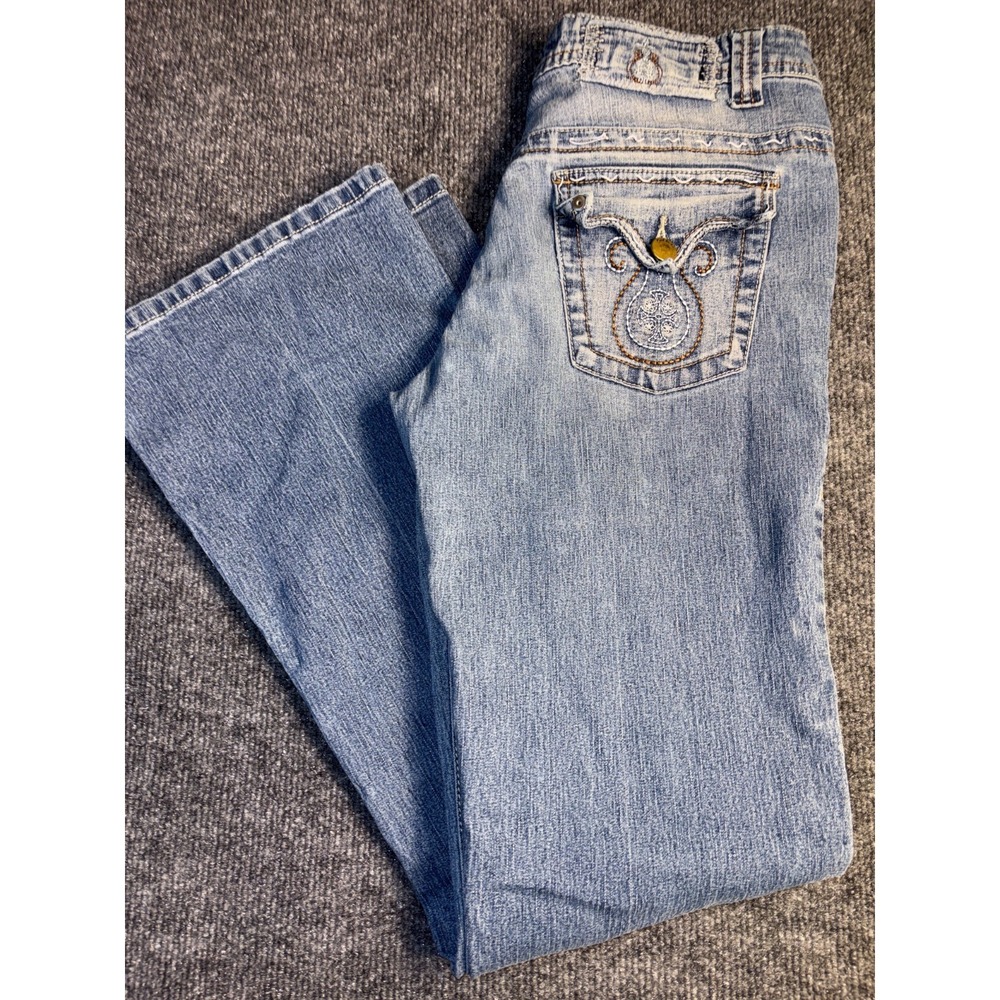 Crest Jeans Women's 5/6 Blue Denim Faded Stretch Grunge Americana Bootcut Leg